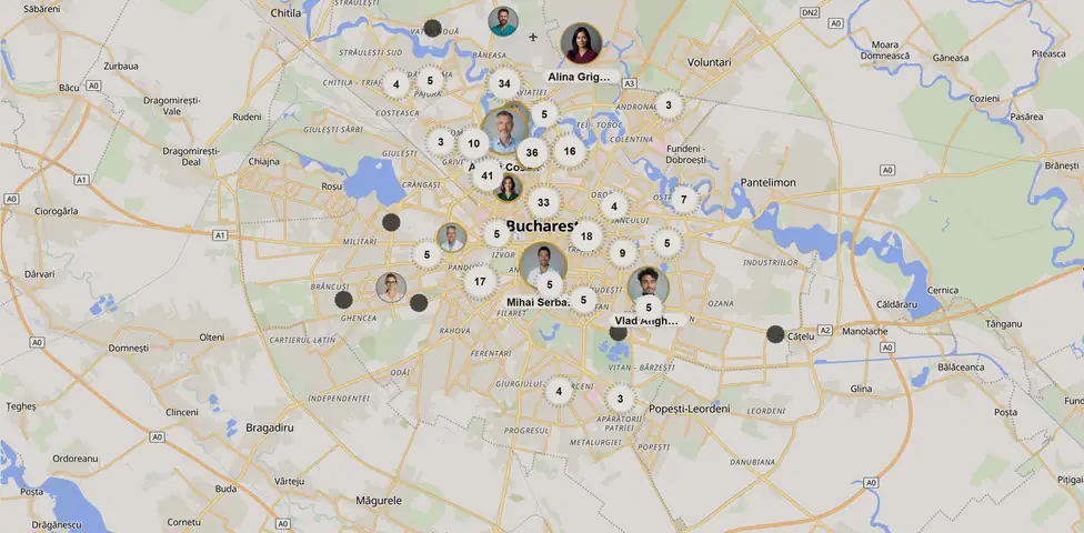 Map of Bucharest showing doctor profiles marked by their profile photo